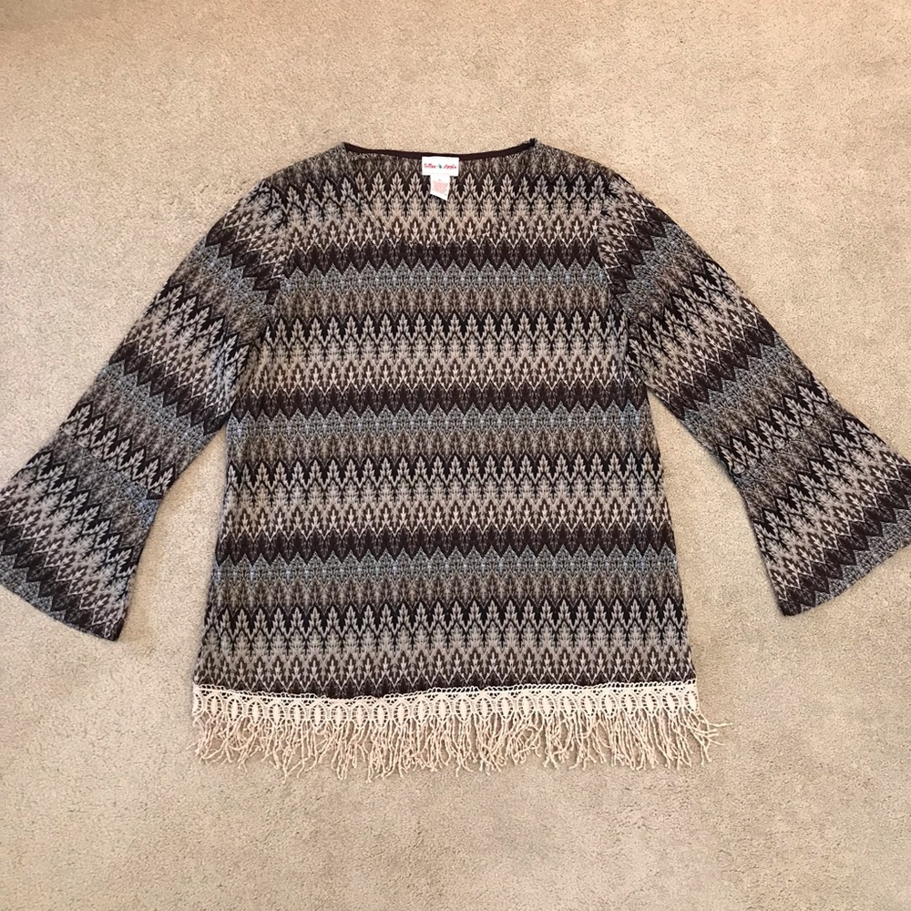 Toffee Apple Tunic Top Size XL Brown Tan Bell Sleeve Cover Up Lace Fringe Boho
